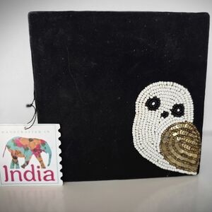 Handcrafted Beadsd Owl Tribket Box- Black Velvet& White Beaded Owl w/ Gold Wings